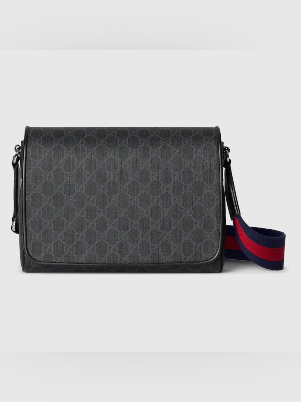 Gucci Gray GG Supreme Messenger Bag with Navy-Red Strap
